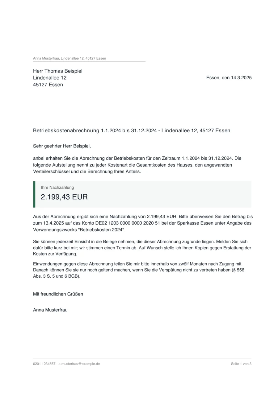 Seite 1 der erzeugten Abrechnung: Anschreiben