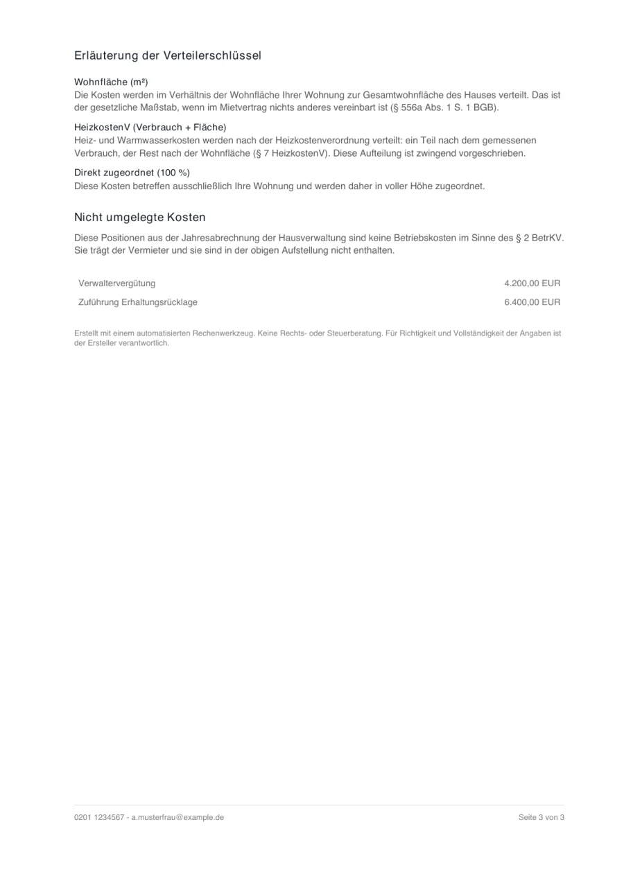 Seite 3 der erzeugten Abrechnung: Erläuterungen
